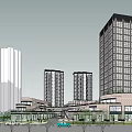 Modern Commercial Street Featuring Glass Facade Multi Level Design Open Space And Green Trees
