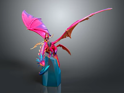 Ornate Fantasy Character Riding Pink Purple Dragon With Large Wings On Blue Base 3d model