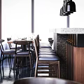 Modern Restaurant Interior With Wooden Dining Tables Chairs Bar Counter And Pendant Lights