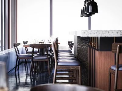 Modern Restaurant Interior With Wooden Dining Tables Chairs Bar Counter And Pendant Lights 3d model