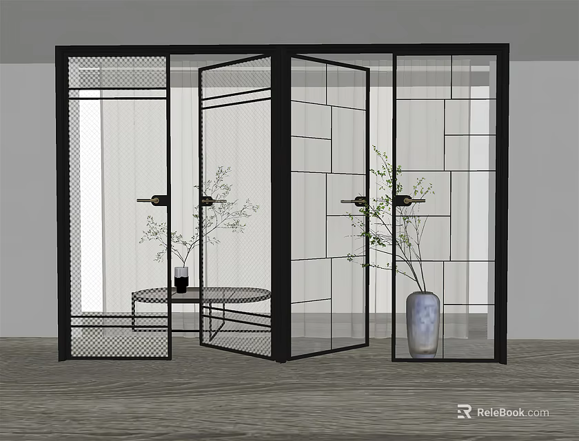 Modern Black Frame Glass Double Doors In Interior With Plants And Table 3d model