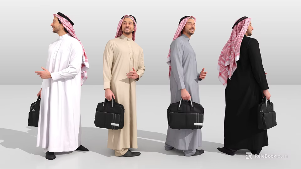 Middle Eastern Men in Various Colored Traditional Attire Wearing Headscarves Carrying Black Briefcases 3d model 