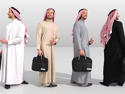 Middle Eastern Men in Various Colored Traditional Attire Wearing Headscarves Carrying Black Briefcases 3d model