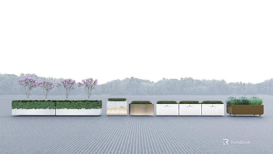 Outdoor Modern Flower Bed Planters With Green Plants And Purple Flowers 3d model 