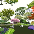 Scenic Park Landscape With Cherry Blossom Red Maple Trees Colorful Flowers And Green Lawn