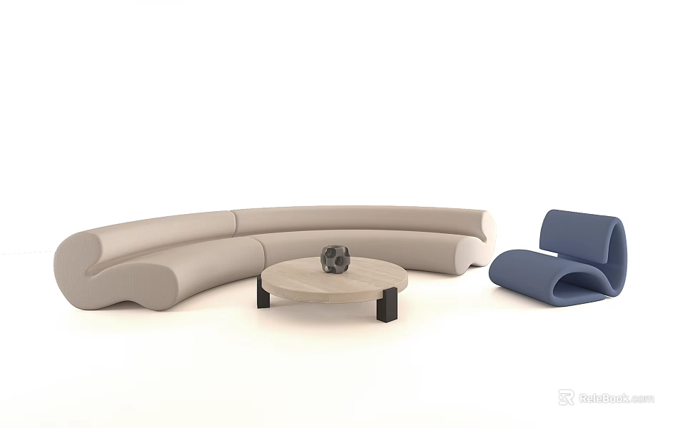 Light Beige Curved Sofa Coffee Table Combination With Round Wooden Table And Blue Accent Chair 3d model 