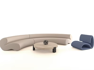 Light Beige Curved Sofa Coffee Table Combination With Round Wooden Table And Blue Accent Chair 3d model