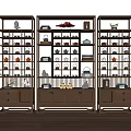 Traditional Chinese Wooden Curio Display Shelves With Tea Sets Decorative Items And Drawers