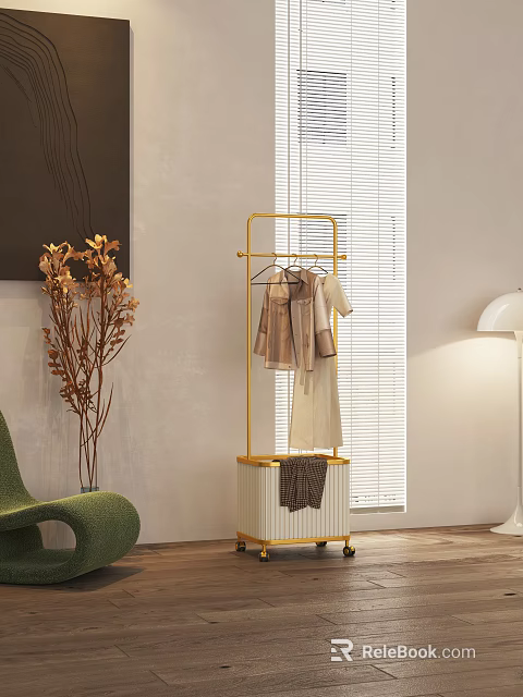 Golden Hanger With Wheeled Cabinet Hanging Clothes Near Green Chair Dried Flowers Window Floor Lamp 3d model 