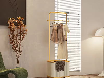 Golden Hanger With Wheeled Cabinet Hanging Clothes Near Green Chair Dried Flowers Window Floor Lamp 3d model