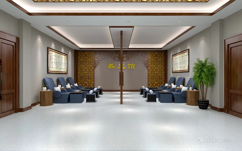 Traditional Chinese Health Preservation Center Interior With Massage Chairs And Calligraphy Paintings 3d model 