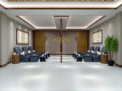 Traditional Chinese Health Preservation Center Interior With Massage Chairs And Calligraphy Paintings 3d model