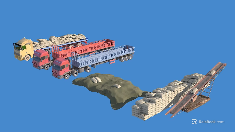 Red And Blue Trucks Loading Cargo Sacks On Blue Background Transportation Scene 3d model