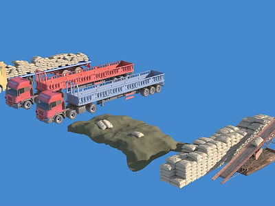 Red And Blue Trucks Loading Cargo Sacks On Blue Background Transportation Scene 3d model