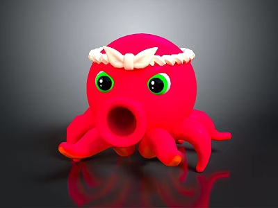 Red Octopus Plush Toy With Green Eyes Open Mouth And White Headband On Dark Background 3d model