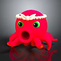 Red Octopus Plush Toy With Green Eyes Open Mouth And White Headband On Dark Background