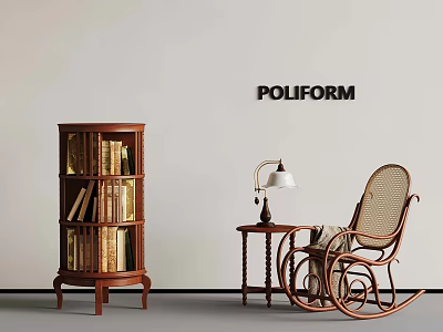 POLIFORM Wicker Rocking Chair With Wooden Bookcase Side Table And Table Lamp 3d model