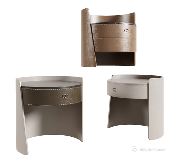 Modern Leather Bedside Table with Curved Design Light Gray and Brown Stitching Detail 3d model 
