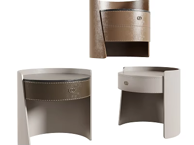 Modern Leather Bedside Table with Curved Design Light Gray and Brown Stitching Detail 3d model