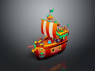 Colorful Wooden Ship With Red Orange Sails Small Flags Decorative Windows And Wooden Structure 3d model