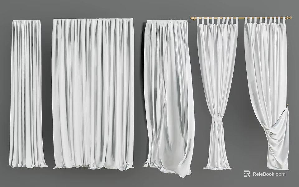 Stylish White Curtains with Various Hanging and Pleated Designs for Interior Decoration 3d model 