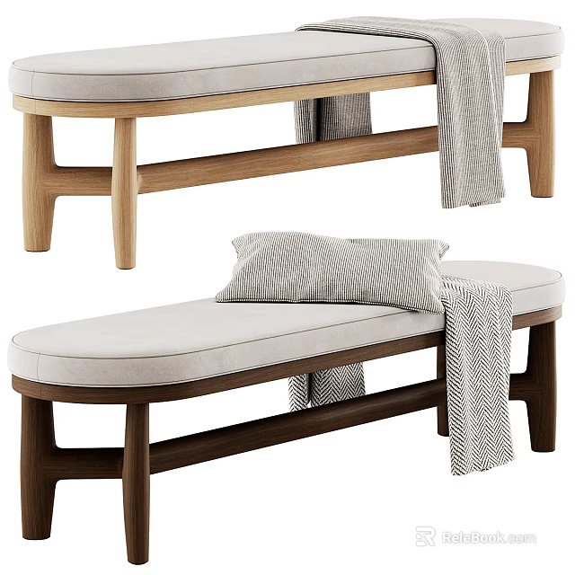 Stylish Wooden Bench With Upholstered Seat Pillow And Throw Blanket 3d model 