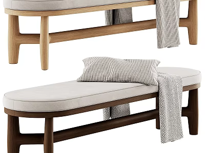 Stylish Wooden Bench With Upholstered Seat Pillow And Throw Blanket 3d model