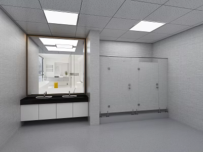 Clean Public Toilet Interior With Stalls Washbasins Mirror Lighting Tiled Walls And Gray Floor 3d model