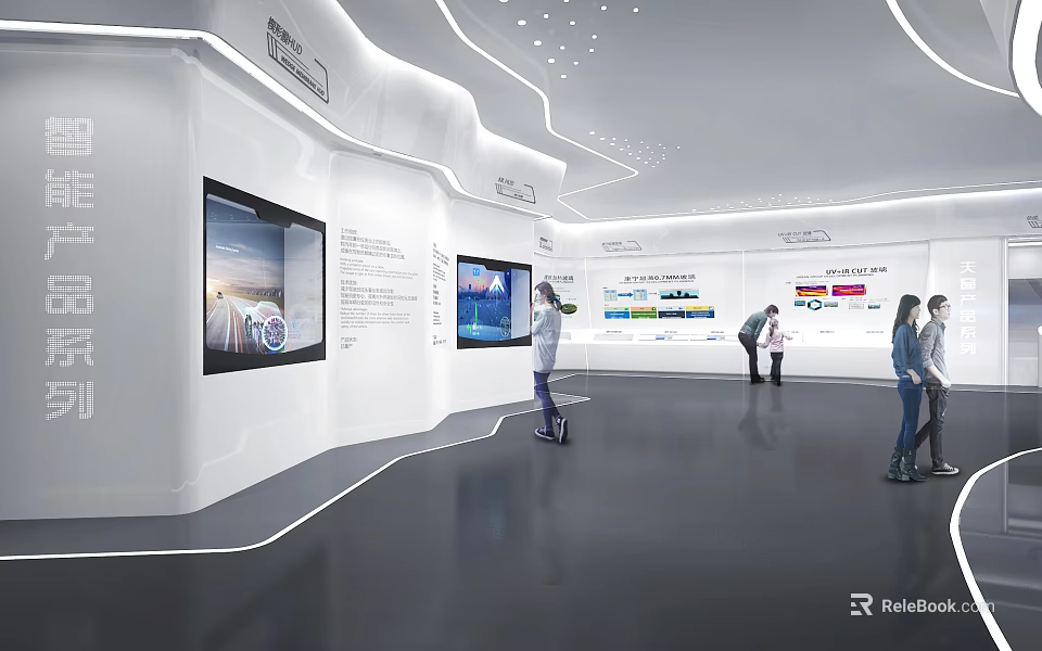 Modern Exhibition Hall Featuring Large Screens And Visitors Exploring Display Content 3d model 
