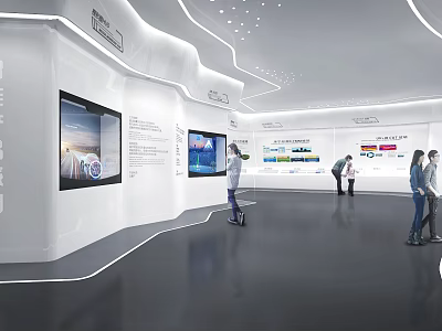 Modern Exhibition Hall Featuring Large Screens And Visitors Exploring Display Content 3d model