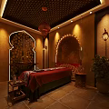 Thai Style SPA Sauna Interior With Elephant Decor Wooden Accents Massage Table And Plants