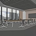 Modern Conference Room Design with Large Windows City View Long Table Chairs and Black Ceiling