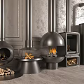 Modern Metal Fireplaces With Various Stylish Designs Against Gray Walls And Stacked Firewood Logs