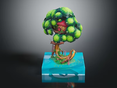 Treehouse Structure With Lush Green Leaves Red Cottage Wooden Ladder On Tree Trunk And Water Platform 3d model