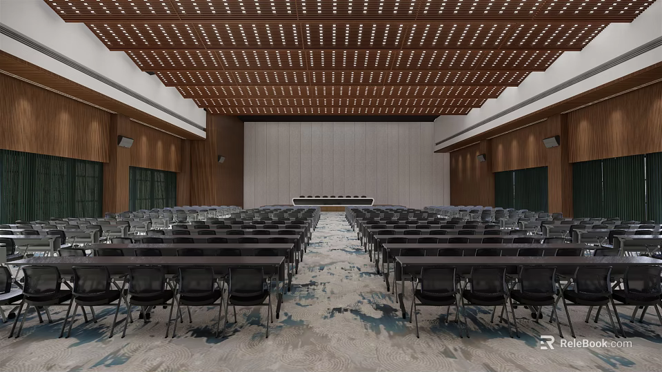 Spacious Conference Room With Wooden Ceiling Arranged Chairs Patterned Carpet And Front Platform 3d model 