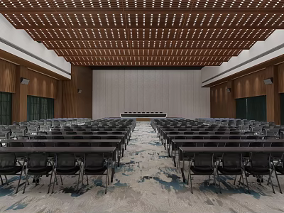 Spacious Conference Room With Wooden Ceiling Arranged Chairs Patterned Carpet And Front Platform 3d model