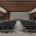 Spacious Conference Room With Wooden Ceiling Arranged Chairs Patterned Carpet And Front Platform