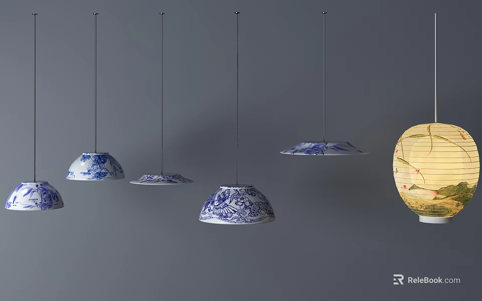 Hanging Pendant Lights With Blue White Patterns And Yellow Decorative Design 3d model