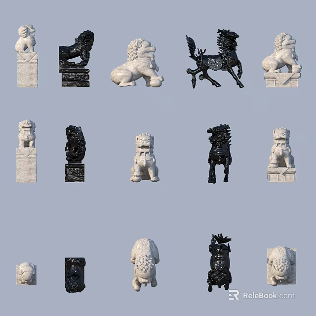 Traditional Stone Sculpture Carvings Featuring Lions And Mythical Beasts In White Black 3d model 