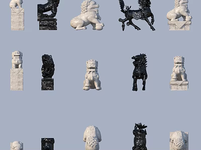 Traditional Stone Sculpture Carvings Featuring Lions And Mythical Beasts In White Black 3d model