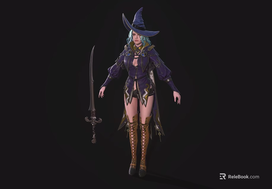 Female Witch Character With Purple Outfit Pointed Hat Brown Boots And Long Sword 3d model 