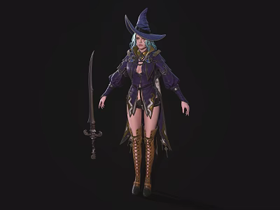 Female Witch Character With Purple Outfit Pointed Hat Brown Boots And Long Sword 3d model