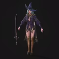 Female Witch Character With Purple Outfit Pointed Hat Brown Boots And Long Sword