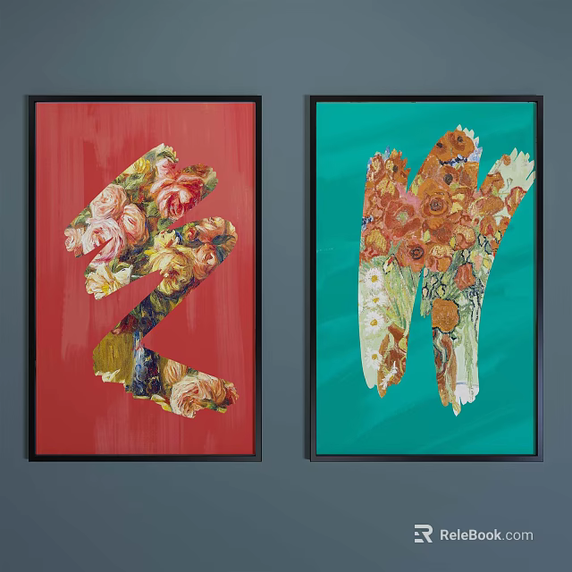 Colorful Floral Decorative Paintings With Red And Teal Backgrounds Featuring Roses And Sunflowers 3d model 