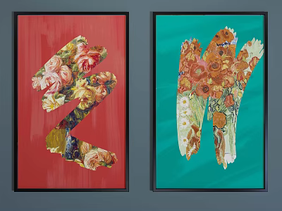 Colorful Floral Decorative Paintings With Red And Teal Backgrounds Featuring Roses And Sunflowers 3d model