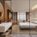 Modern Hotel Room Interior With Comfortable Bed TV Table And Wall Paintings
