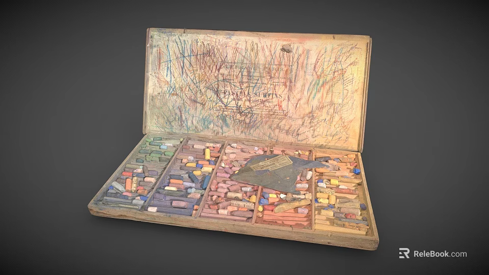 Vintage Open Wooden Box with Colored Crayons and Hand Drawn Design 3d model 