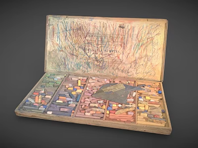 Vintage Open Wooden Box with Colored Crayons and Hand Drawn Design 3d model