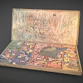 Vintage Open Wooden Box with Colored Crayons and Hand Drawn Design