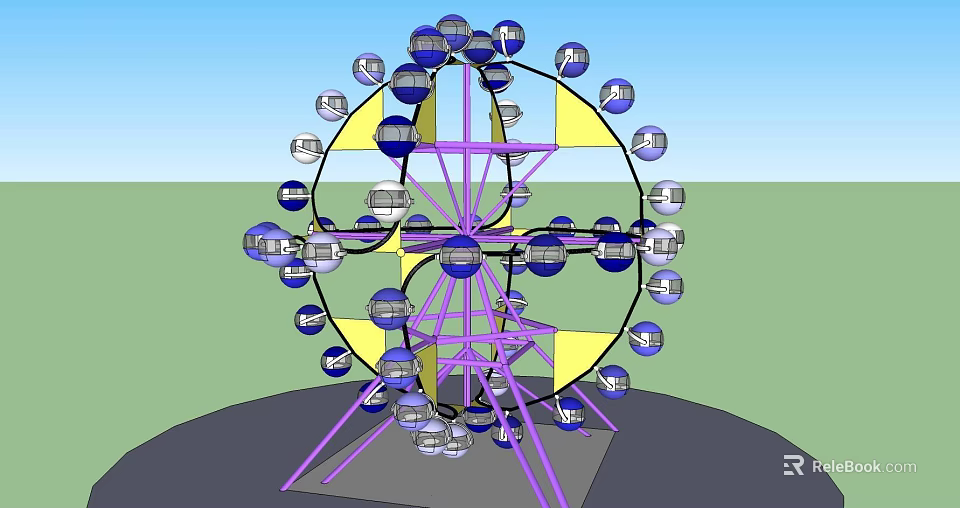 Colorful Ferris Wheel Amusement Ride With Purple Framework Yellow Sections And Transparent Cabins 3d model 